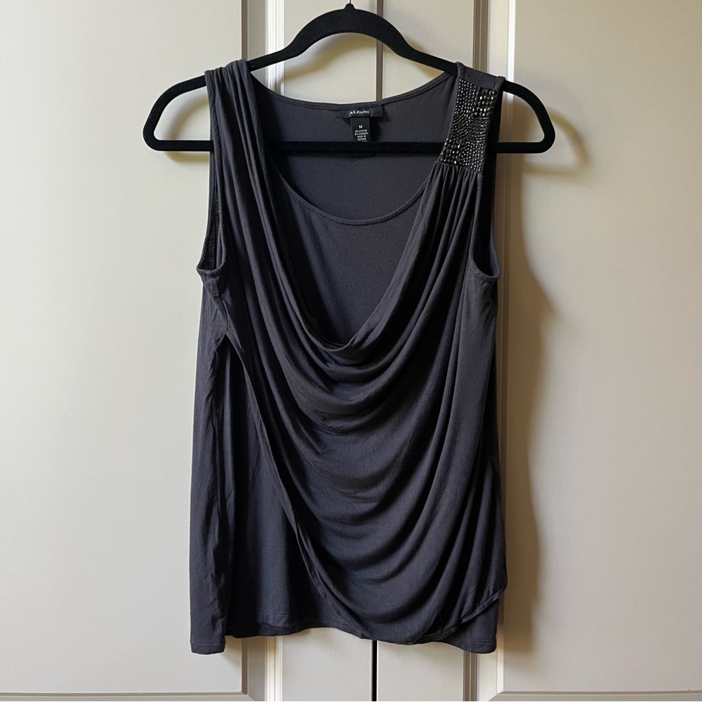 Alfani Draped Sleeveless Top Blouse Beaded Abalone Look Detail